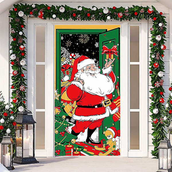 Jultomte Dörröverdrag God Jul Dörrdekorationer Vintertomte Bakgrundsbana Banner För Framsida Dörr Veranda Jul