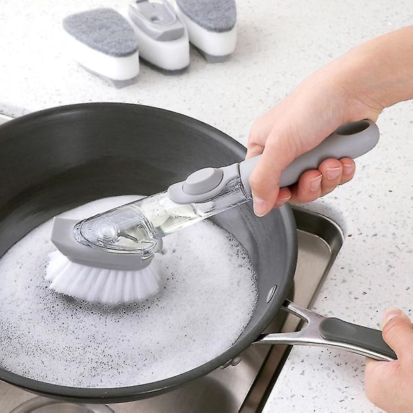 Dual Purpose køkkenrengøringsbørste Svamp Opvaskemaskine Automatisk væskedispenser Gryderengøringsværktøj