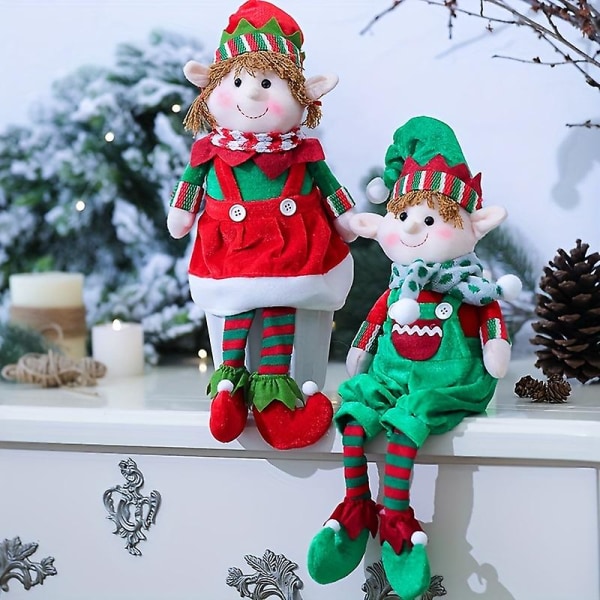 Julerødt og grønt stoff Langbente alvedukker for menn og kvinner alvedukker julepynt (damemodell)
