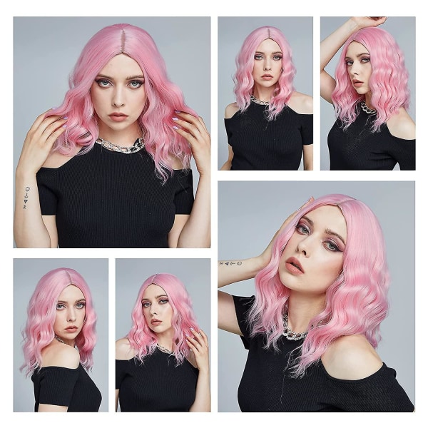 Ljusrosa peruk för kvinnor kort lockig vågig bob peruk 14 tum axellängd mittdel kort rosa peruk värmebeständig syntetisk fest kostym cosplay Wi