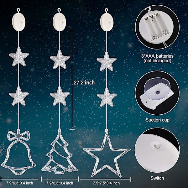 3 stk julevindu dekorasjonslys, batteridrevne julevindu hengende flerfarget opplyst tre bjelle stjerneformet LED sugekopplampe for jul T