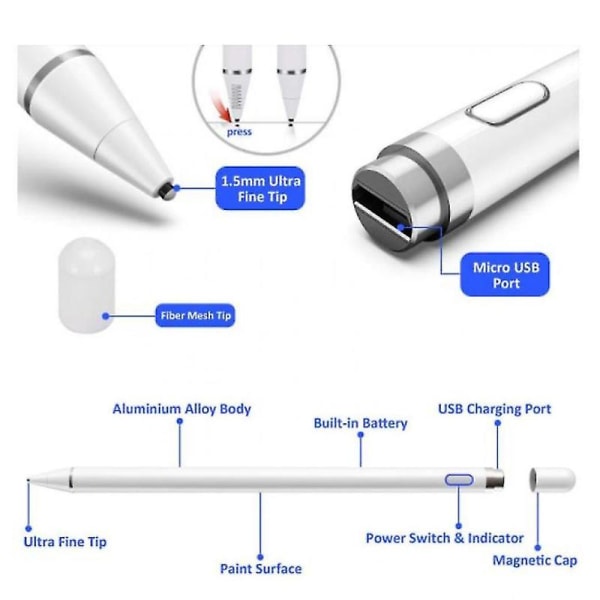 Smart Pen Universal kapasitiivinen Stlus-kosketusnäyttökynä Smart Pen Ios/android Apple Ipad (musta)