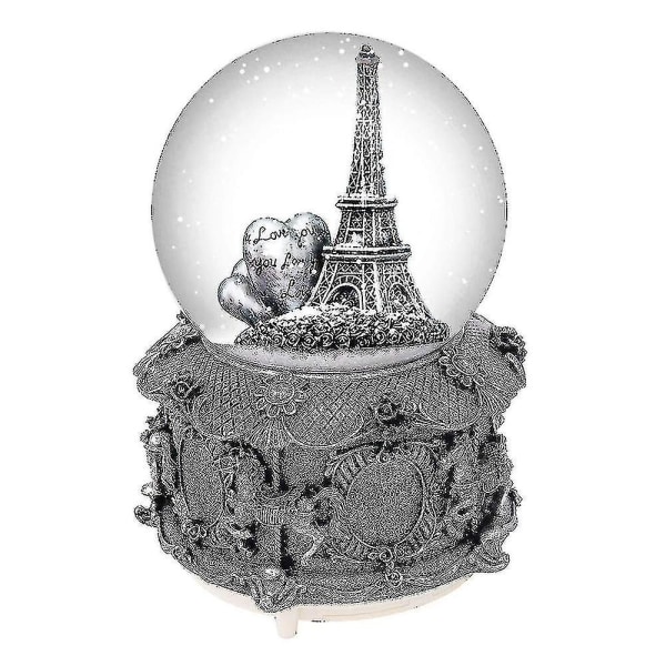 Pariisin Eiffel-tornin lumipallomusiikkirasia automaattisella lumisateella ja värikkäillä valoilla, 100 mm 6" pitkä JU