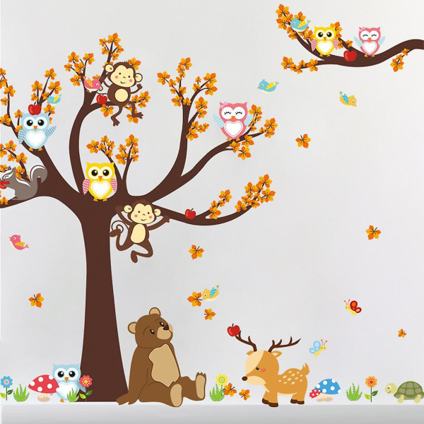 Owls Monkey Tree Wall Sticker Jungle Safari Animal Kids Decal Baby Nursery, 1set