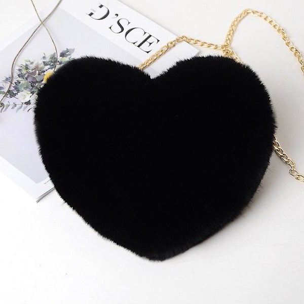 Handväska Mode Kvinnors Hjärtformade Handväskor Söta Konstgjord Päls Kawaii Crossbody Väskor Plånbok Handväska Plysch Kedja Axelväska Dam Handväska（Svart）