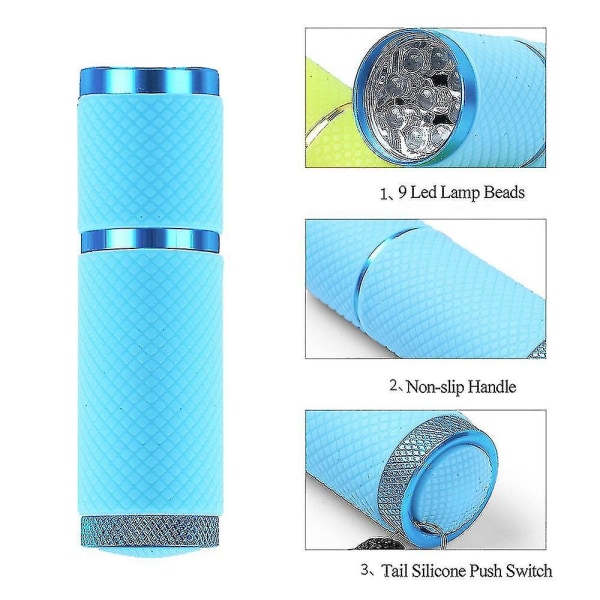 Mini självlysande läder ficklampa aluminiumlegering bärbar vattentät lila torr batteri nail art ficklampa（blå）
