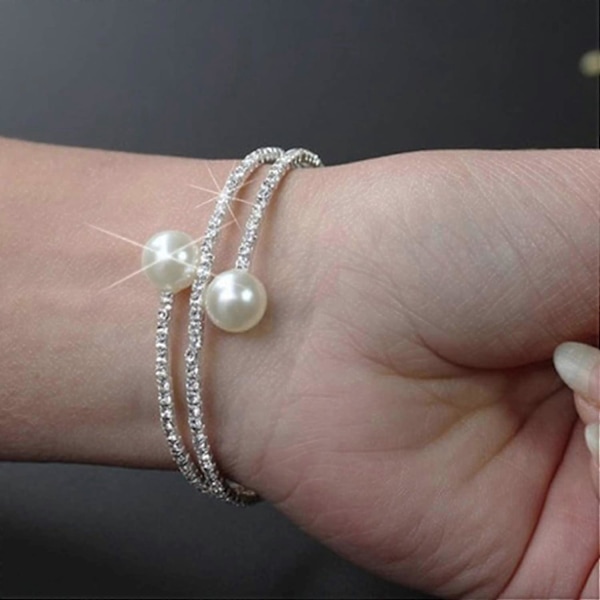 Full Rhinestone Multi-lager Armband med Falsk Pärla Manschett Öppen Bangle för Kvinnor Män Flickor Pojkar
