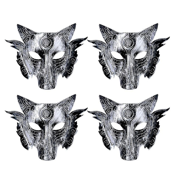 4 st varghuvudmask Halloween rekvisita simulering djurmask karneval cosplay festtillbehör (silver)
