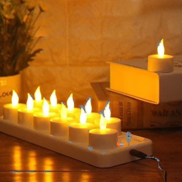 Flammeløse stearinlys - 12 oppladbare LED-flimrende telys + 12 frostede kopper - Leveres med ladebase, ikke behov for batteri Kb
