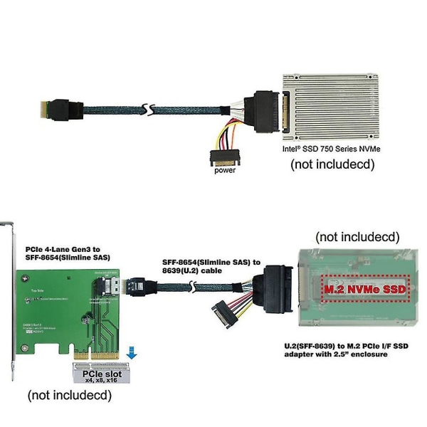 Sff-8643 Til Sff 8639-kabel, 12gb/s Mini Sas Hd-kabel Intern Mini Sas Sff 8643 til U.2 Sff 8639-kabel med 15-pinners hunn sata strømkontakt