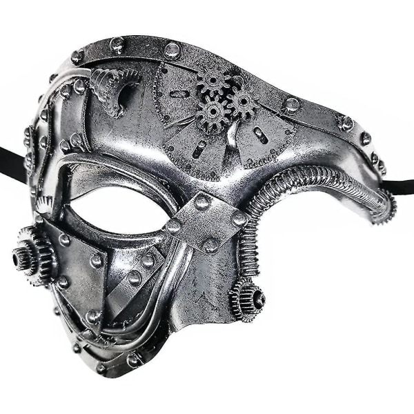 Cyborgmaske i metall, maskerademaske for Halloween-dekorasjon Kostymefest/Phantom Of The Opera/Mardi Gras Ball（Sølv）