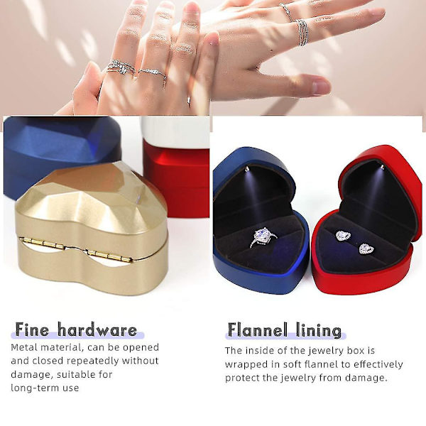2 st Hjärtformade Ringaskar med LED-Ljus, Smyckeskrin för Frieri, Bröllop, Jubileum, Alla Hjärtans Dag (Blå)