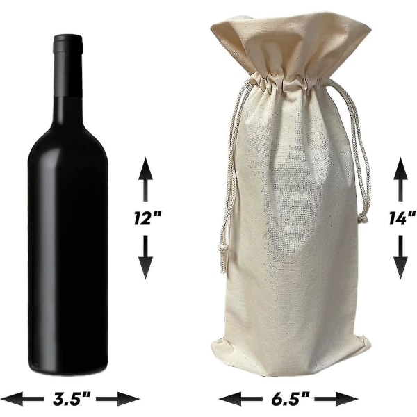 (12 kpl) luonnonpuuvillakankaista valmistettuja viinipullojen lahjapusseja kiristysnyörillä. Uudelleenkäytettävät viinipussit lahjoihin