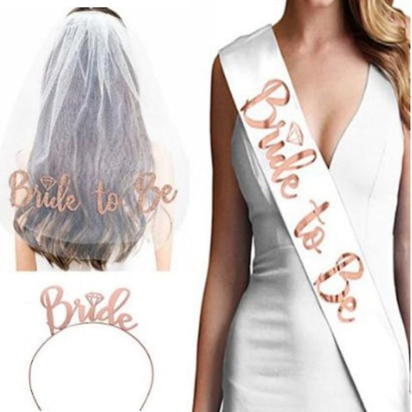 Bride To Be Set, 3 kpl / set Bride To Be Sash + otsapanta tiara + set Polttareiden juhlatarvikkeiden koristesarjat (Rose Gold)