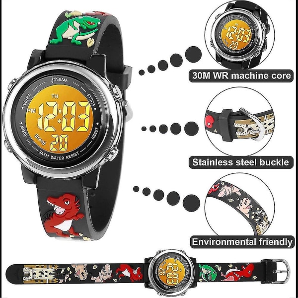Kids Led Dinosaur Watch Tegneserie digitalt armbåndsur Vanntett 7 fargelys med alarm Stoppeklokke gaver (Sort)
