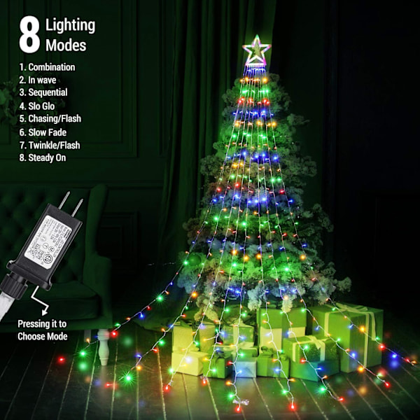 Julepynt Utendørs Stjernelys, 317 LED 10ft X 9 Vannfall 8 Lysmoduser for Hage Hage Feriedekor (Flerfarget, Fjernkontroll)