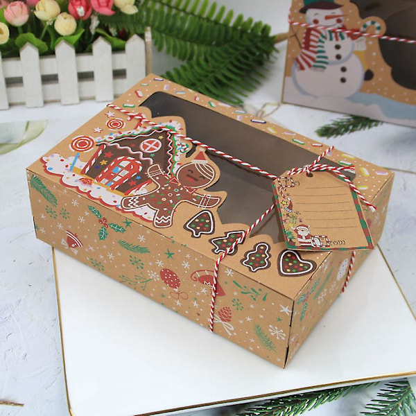 3 st julgodisaskar i kraft med fönster för presentförpackning, stora julbaklådor med lock för bakverk, cupcakes, godis, 21 x 15 x 9,5 cm