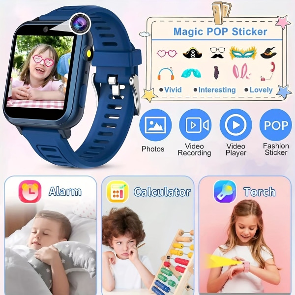 Smart Watch Childrens Smart Multifunction Watch Game Skritteller Musikk Film og TV lommelykt (påfuglblå)