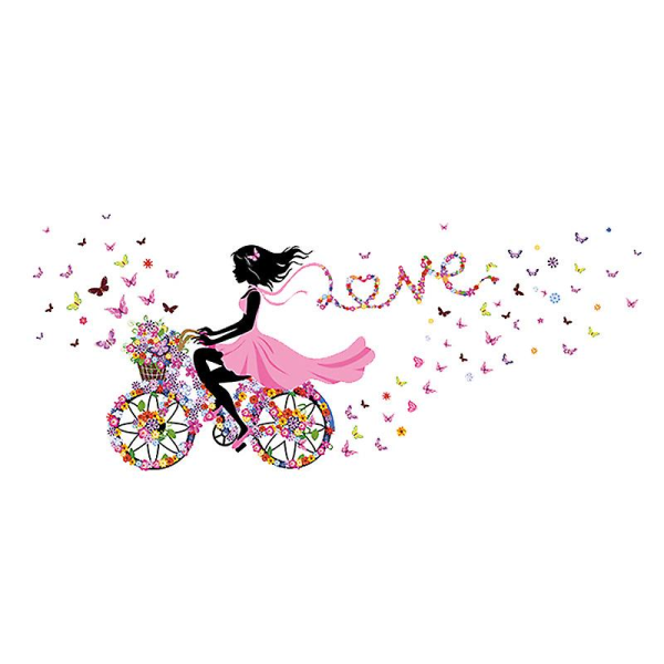 Flower Girl Riding Bicycle With Butterfly & Flower Wall Decals For Girls Bedroom, Romantic Lovely Flowers Butterflies Girl