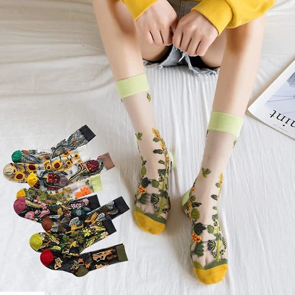 8 par gjennomsiktige sokker for kvinner, vintage broderte blomstersokker, kokette estetiske nettingsokker