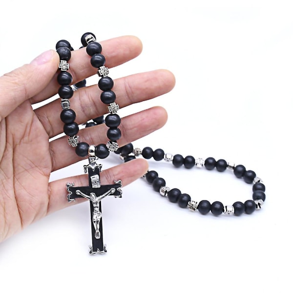 Lang perlekæde rosenkranshalskæde med Jesus-krucifiks-korsvedhæng Hvid keramiske perler Halskæde Religiøse smykker sort