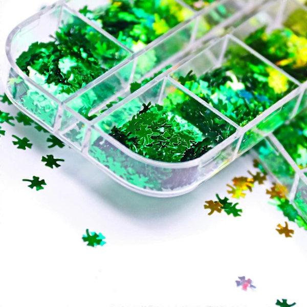 Shamrock Nagelsticker Dekaler Nagelflimmer St. Patricks Dag Klöver Glittrande 3D Nagelkonstmaterial Flakes Holografisk 12 Rutor Färgglad Grön Glitter S