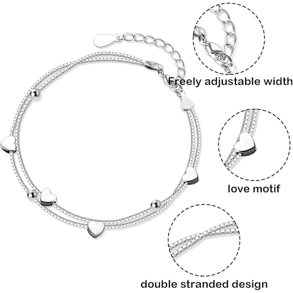 Silvriga armband för kvinnor, justerbara berlocker hjärta armband, hierarkiska flickors vänskapsarmband, damarmband, söta armband kan användas som fri