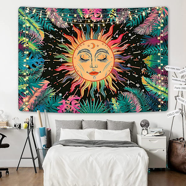 Väggdekor 150 X 130cm Psykedelisk Sol Gobeläng Växter Blad Måne Och Stjärnor Gobeläng Mystisk Fraktal Ansikten Gobeläng Färgglad Mandala Gobeläng