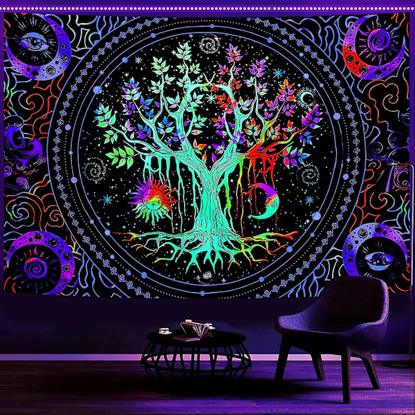 Blacklight Livets Träd Tapestry Väggbonad Trippy Tapestry UV-Reaktiv Väggbonad Galaxy Tapestry Blacklight Tapestry För Sovrum (130x150cm)
