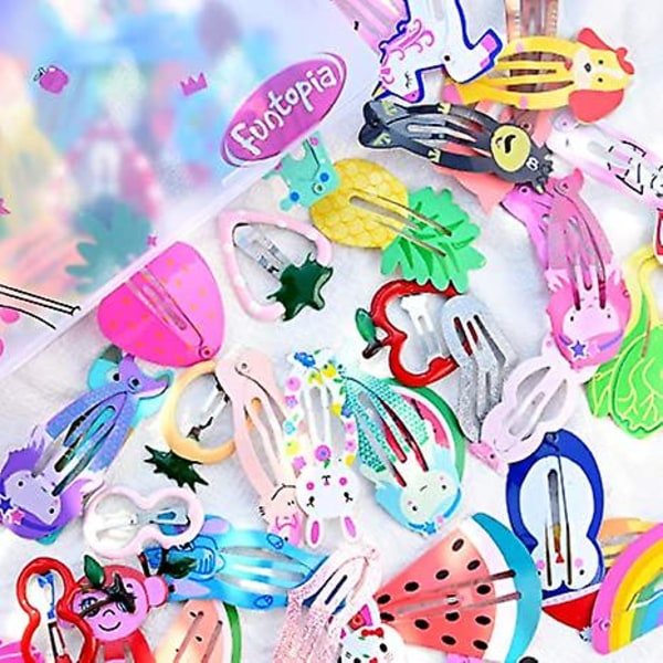 WABJTAM Hårclips til piger, 80 stk. søde dyre- og frugtprint mønster metal snap hårclips tegneserie design børn teen kæledyr hårclips