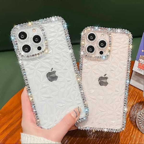 iPhone 14 Pro Skal, Kristallklart Bling Diamant Rhinestone Skal för Flickor Kvinnor, Glansigt Glittrande Mjuk Silikon Lins Fullt Skydd (Klar)