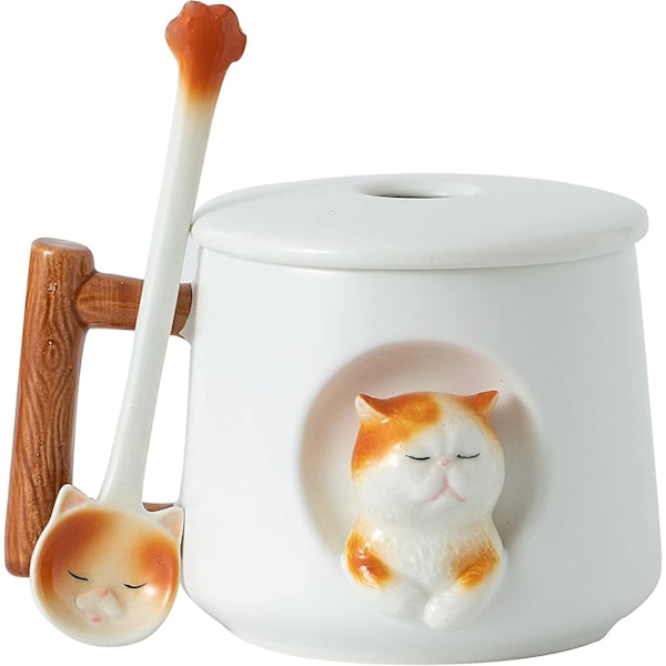 Keramisk kaffemugg med lock och matchande sked, perfekta presenter - 414 ml (vit)