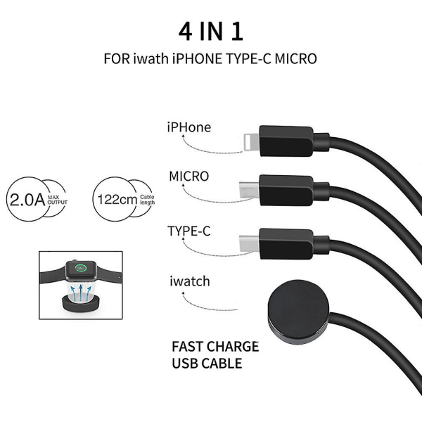 4 i 1 laddare Kabel Watch Telefon Ios/micro/type-c/ watch Snabbladdning USB kabel För Apple Iphone Iwatch Huawei SamsungBlack