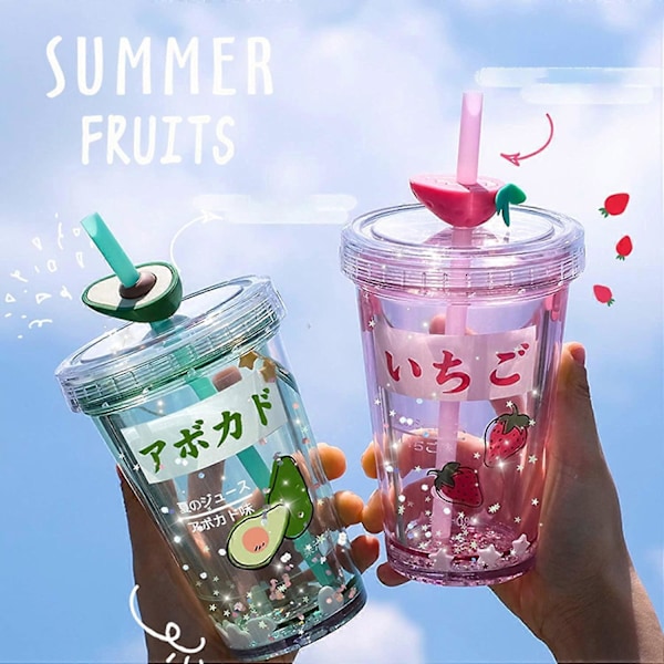 15oz Kawaii Vattenflaska med Sugrör Glitter Dubbelväggig Vattenflaska med Sugrör Kawaii Mugg Jordgubbsvattenflaska Kawaii Muggar Kawaii Saker Avocado Gi
