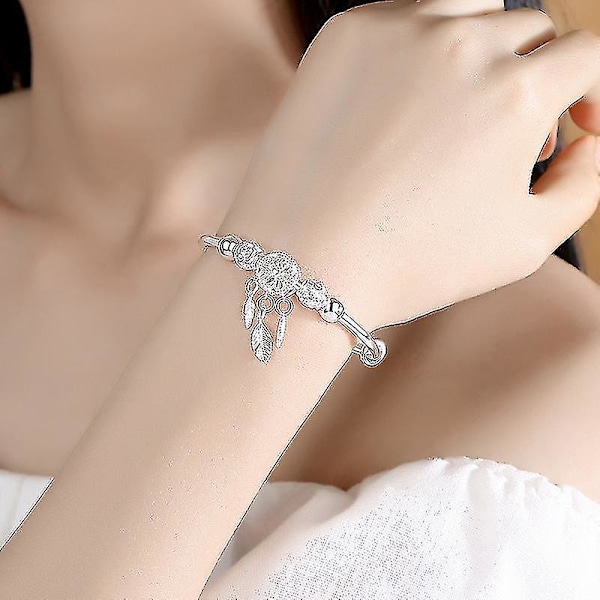 Justerbart 925 Sterling Silver Dreamcatcher Tassel Feather Round Bead Charm Armband & Bangle för kvinnor Elegant Smycken Sl209