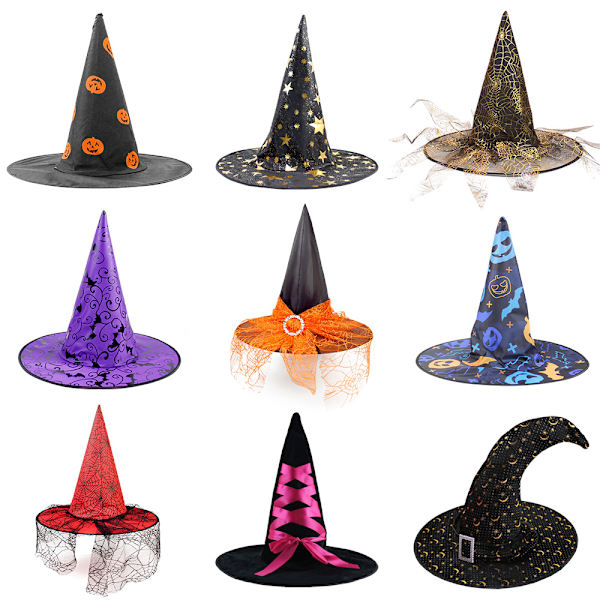Halloween häxhatt festdekoration böjd hörn nät pumpa tryck trollkarl häxhatt för barn(stil 3)