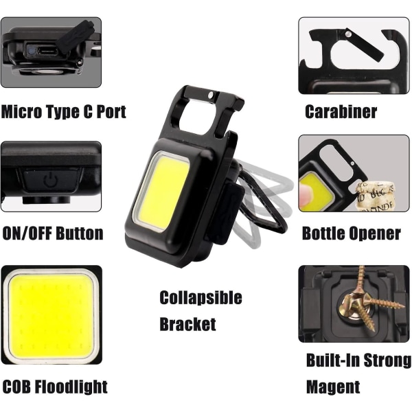 W1 Liten Mini COB Ficklampa Magnetisk Ficklampa Kraftfull 500 Hög Lumen Ljus Stark Laddningsbar Nyckelring Magnetisk Arbetslampa Ficklampa Pack 2