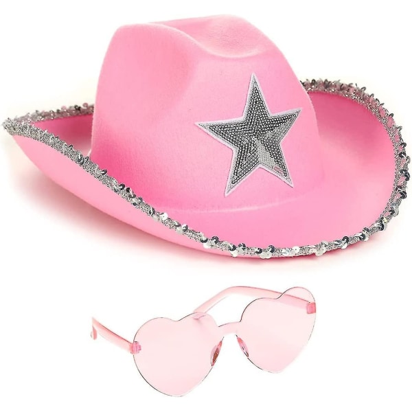 Vaaleanpunainen Cowgirl-hattu Cowboy-hattu sydänlaseilla - Vaaleanpunainen Cowboy-hattu hopeisella paljettimella - Halloween-sisustus Cow