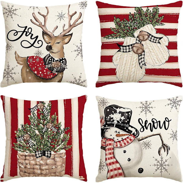 Julkuddar 18x18 Set om 4 Rosa Ränder Tomte Snögubbe Snöflinga God Jul Gran Låt Det Snöa