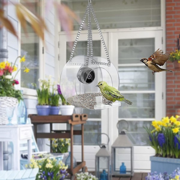 Smart fuglemater med kamera, fuglekameramater med kjede for utendørs oppheng, HD 1080p nattversjon videokamera