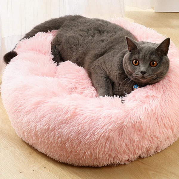 Fluffy Blød Comfy Beroligende Doughnut Hund Katte Senge Varm Seng Kæledyr Runde Plys Hvalpesenge（60 cm，Pink）