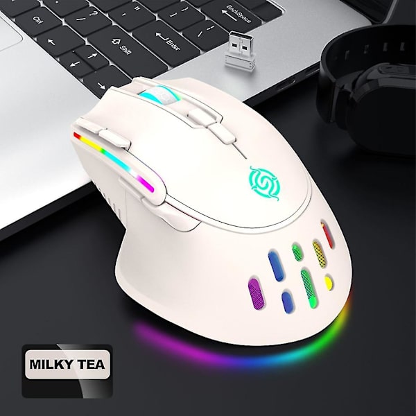 Trådlös RGB-ljusmus med stum knapp, bikakestruktur, 3200 dpi, ergonomisk, uppladdningsbar (vit)