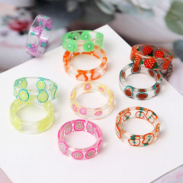 Wabjtam 12 st Resin Fruktringar Set Färgglada Transparenta Plast Fruktringar Jordgubbe Kiwi Citron Äpple Druva Pitaya Grapefrukt Orange Vattenmelon Cu