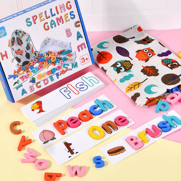 Bogstavgenkendelse Stavespil Træalfabet læringskort Ordøvelse børns pædagogisk legetøj