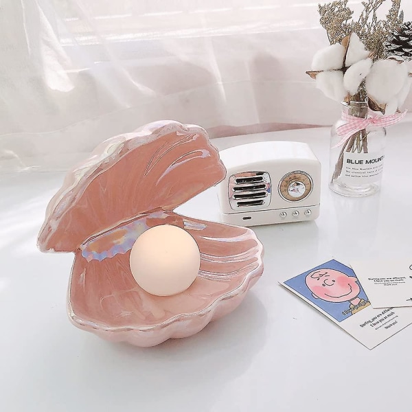 Keramisk shell Pearl Night Light Streamer Mermaid Fairy Shell Night Light Sengebords boligindretning Jul GIF (Pink)