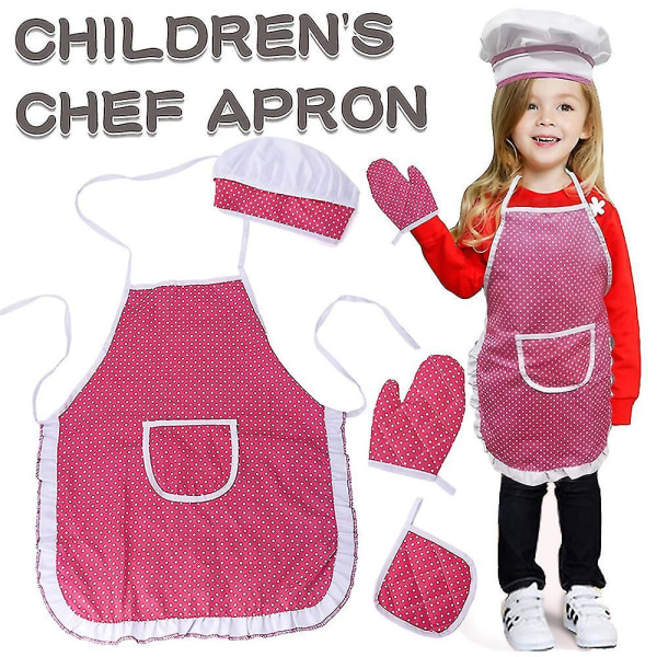 Bagetøjssæt til børn,pink kokkesæt Køkkenrollespilssæt,madlavningsbagesæt med forklæde, kokkehat, madlavningshandske og varmepude