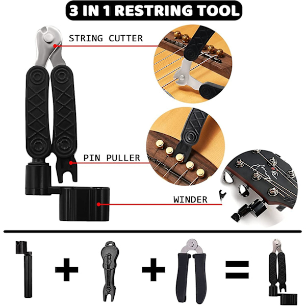 Tillbehörssats för akustisk gitarr inklusive akustiska gitarrsträngar, stämapparat, gitarrkapo, 3-i-1-omsträngningsverktyg, gitarrplock, plockhållare, sadelstift, G