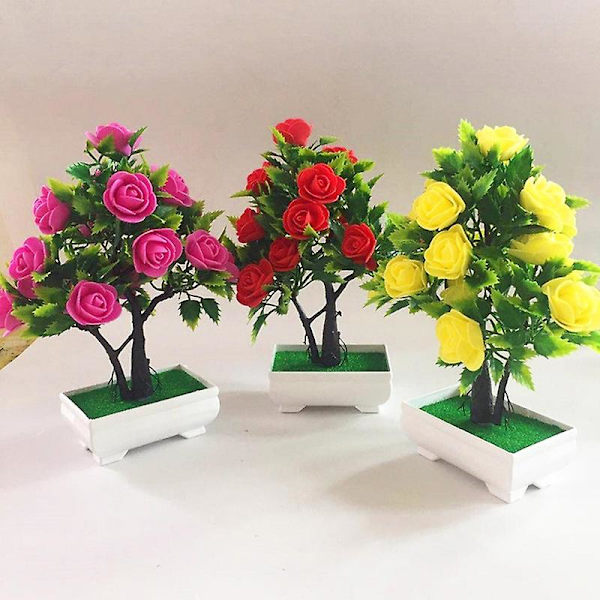 Konstgjord blomma växt ros krukväxt bonsai kontor trädgård skrivbord prydnad dekor (gul)
