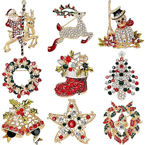 Wabjtam 9-pack flerfärgade strass kristall jul brosch nål set för julklappar