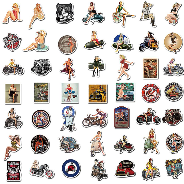 GHYT 100 stykker Sexy Retro Pinup Girl Stickers, Vintage Motorcycle Girl Waterproof Stickers for Voksne, Beautiful Girls Estetic Decals for Motorcycle